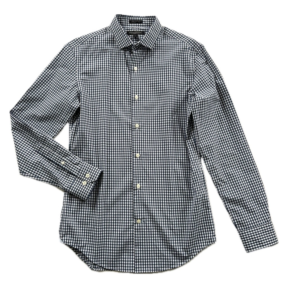 Banana Republic Navy Blue White Gingham Long Sleeve Grant Fit Button Down Shirt